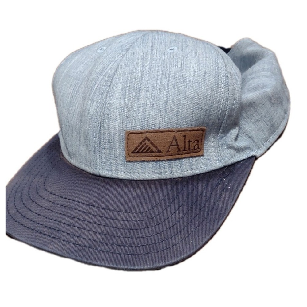 Alta Ski Area Utah Hat Leather Patch Snapback Gray Navy Mountain Logo Cap